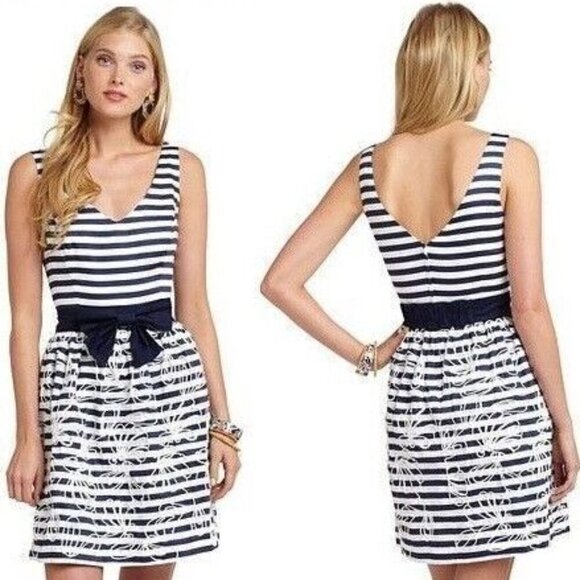 Lilly Pulitzer Roswell Bright Navy Cording We Will Go Bow Belt Dress Size 4 - Picture 1 of 16